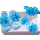 Conjunto 4 Peças Flores (Meia sapatinho + Grampos + Tiara)
