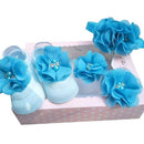 Conjunto 4 Peças Flores (Meia sapatinho + Grampos + Tiara)